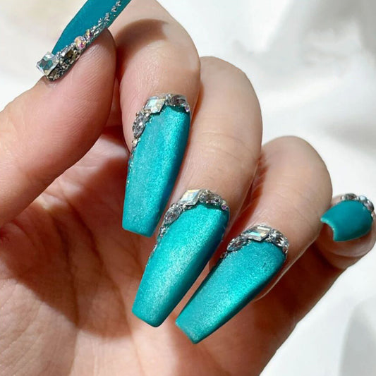 Ocean Sparkle Long Coffin Turquoise Press On Nails with Rhinestone Accents