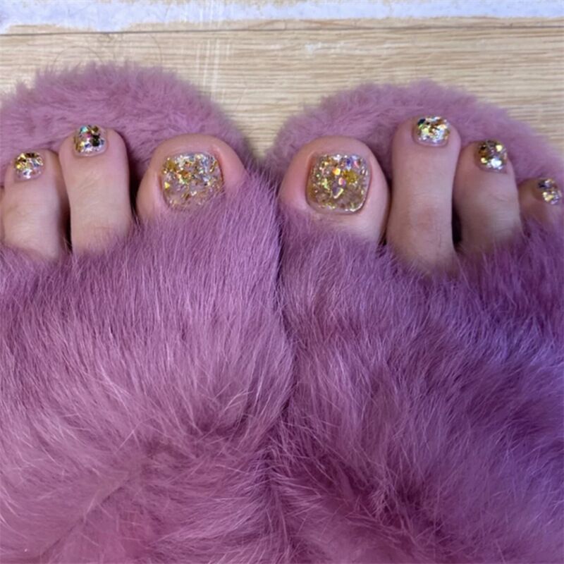 Glamorous Glitter Extravaganza Short Length Square Beige Press On Toenail Set with Sparkling Gold Accents