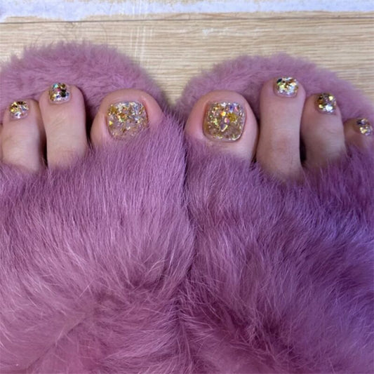 Glamorous Glitter Extravaganza Short Length Square Beige Press On Toenail Set with Sparkling Gold Accents