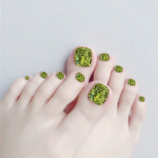 Emerald Enchantment Short Square Glitter Green Press On Toenail Set with Sparkling Chunky Flakes