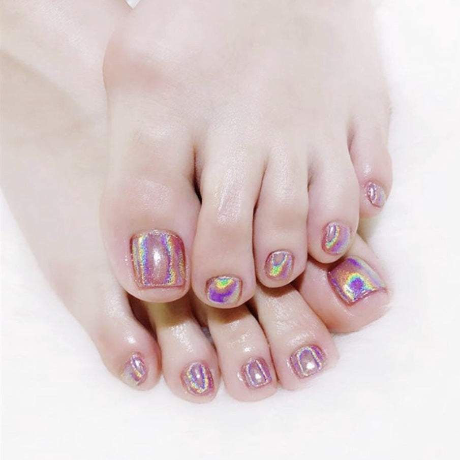 Starry Opal Essence Short Round Iridescent Purple Press On Toenail Set with Holographic Shine