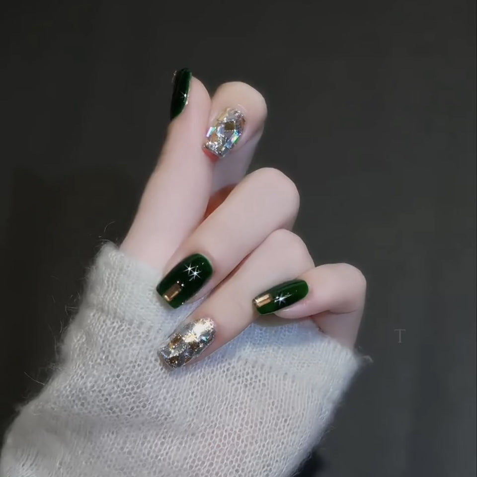 Enchanted Emerald Medium Square Press On Nail Set with Sparkling Accents and Glitter Detail