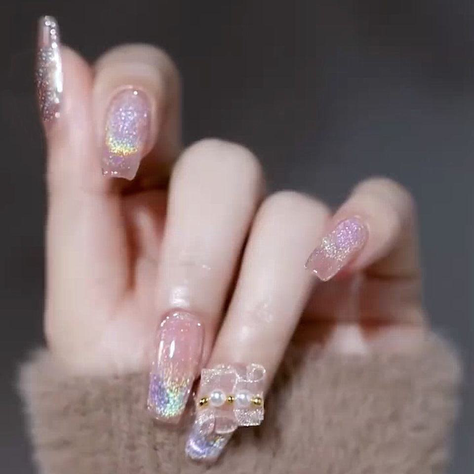 Enchanted Elegance Extra Long Coffin Pink Glitter Press On Nail Set with 3D Bow Accents