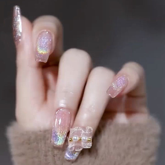 Enchanted Elegance Extra Long Coffin Pink Glitter Press On Nail Set with 3D Bow Accents