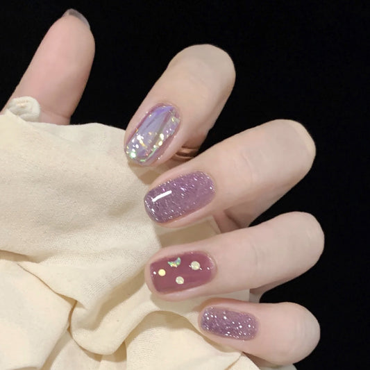 Mystical Lavender Dreams Short Square Shimmering Purple Press On Nail Set with Iridescent Accents