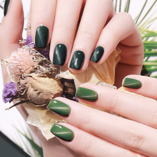 Enchanted Forest Medium Length Square Dark Green Glossy Finish Press On Nail Set for Easy Application