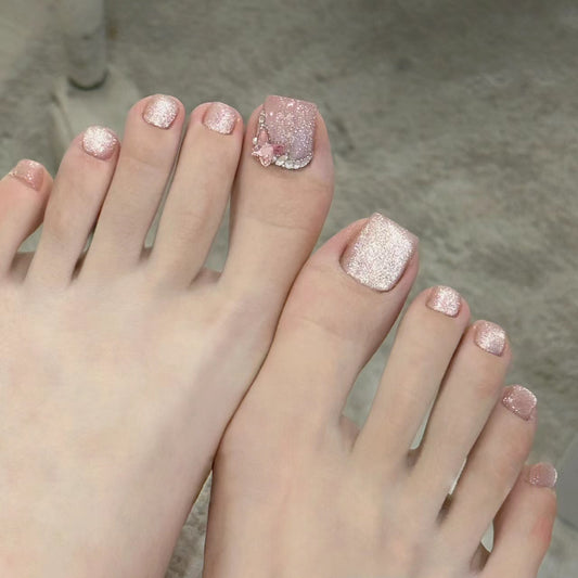 Enchanted Elegance Medium Square Pink Glittering Press On Toe Nail Set with 3D Flower Accents