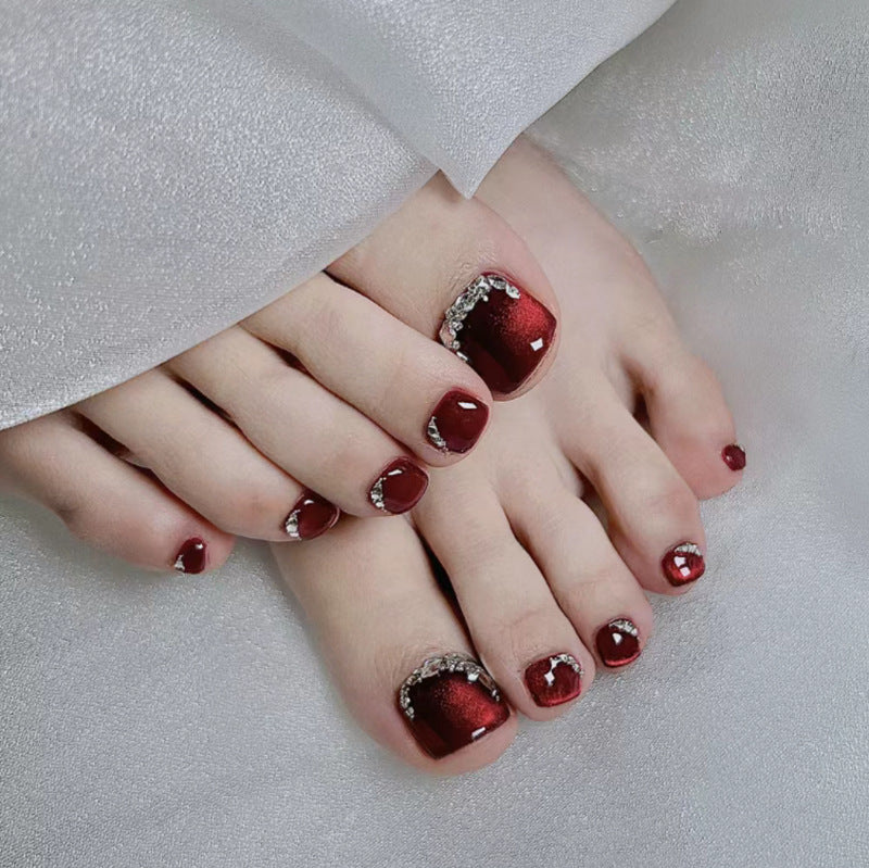 Glamorous Gala Ready Short Round Burgundy Press On Nail Set with Rhinestone Accents