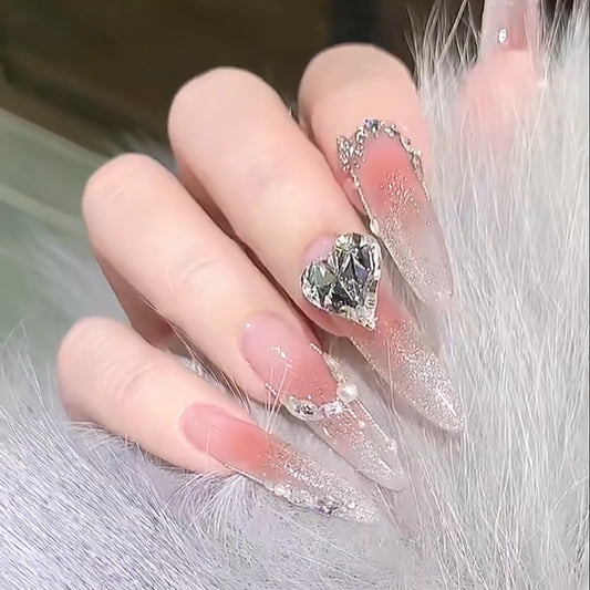 Glamorous Heartbeat Long Almond Ombre Pink and Clear Press On Nail Set with Sparkling Gem Accent