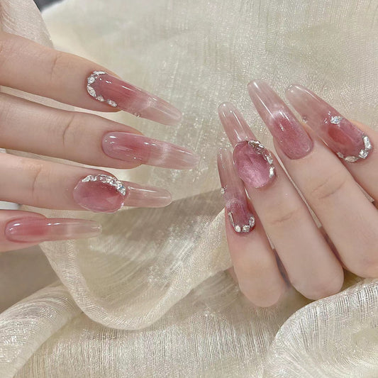 Crystal Elegance Long Almond Shaped Transparent Pink Press On Nail Set with Gemstone Accents