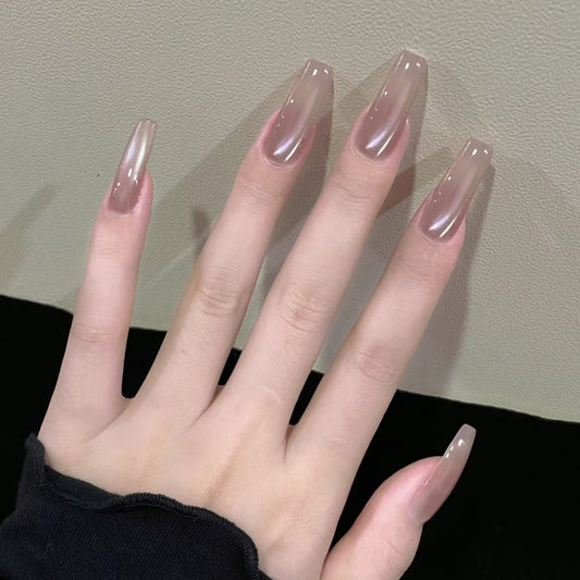 Glamorous Sunset Long Square Press On Nail Set Ombre Beige Color With Shimmering Finish