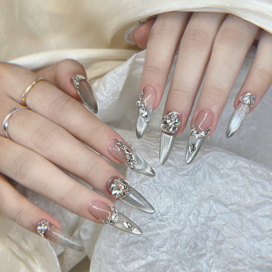 Glamorous Silver Stiletto Press On Nail Set Long Pointed Metallic with Stunning Gemstone Accents