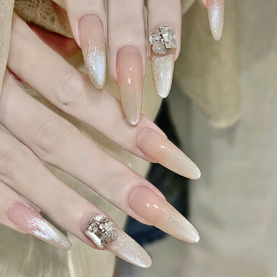 Glamorous Golden Sunset Long Almond Press On Nail Set with Sparkling Rhinestone Accent