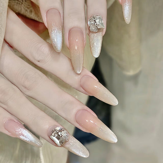 Glamorous Golden Sunset Long Almond Press On Nail Set with Sparkling Rhinestone Accent