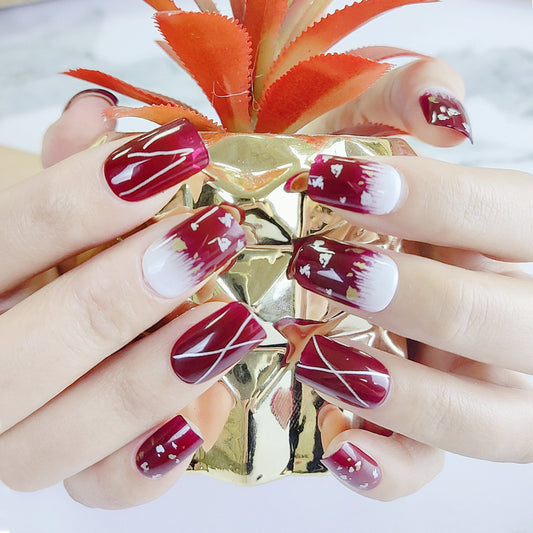 Glamourous Celebration Burgundy Medium Square Press-On Nail Set with Elegant Gold Accents