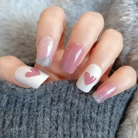 Charming Romance Pink Medium Square Ombre Nails with Adorable Heart Designs