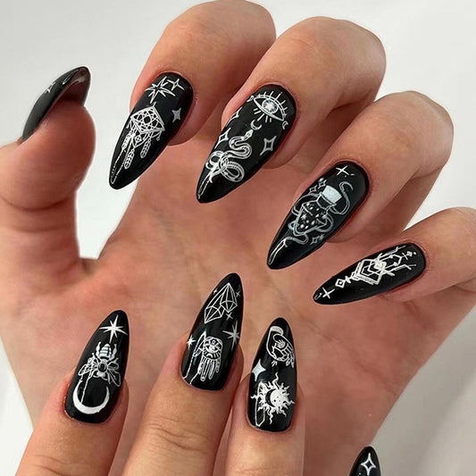 Mystical Noir Long Stiletto Glossy Black Press On Nail Set Featuring Intricate White Designs