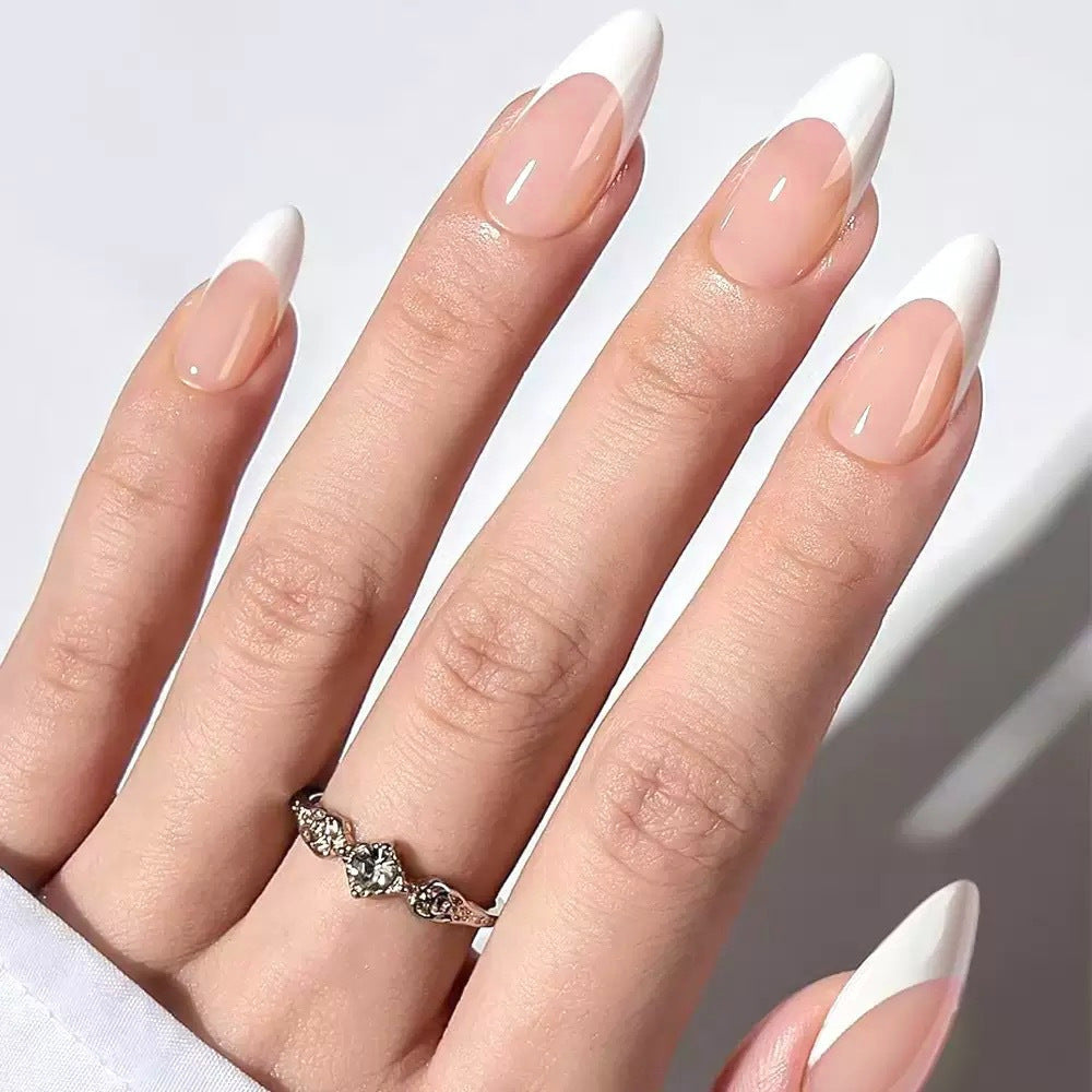 Elegance Unleashed Long Almond Shaped Elegant White Tip Press On Nail Set