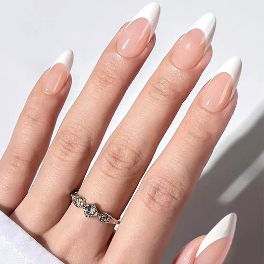 Elegance Unleashed Long Almond Shaped Elegant White Tip Press On Nail Set