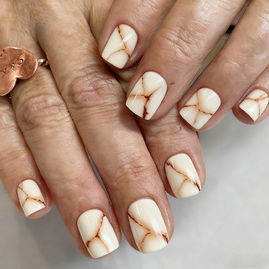 Marble Elegance Press-On Nail Set Short Square Cream with Striking Brown Veining
