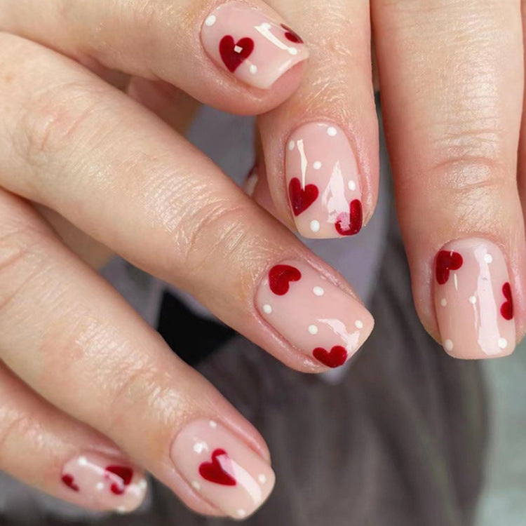 Romantic Delight Short Square Blush with Heart Design Press-On Nail Set