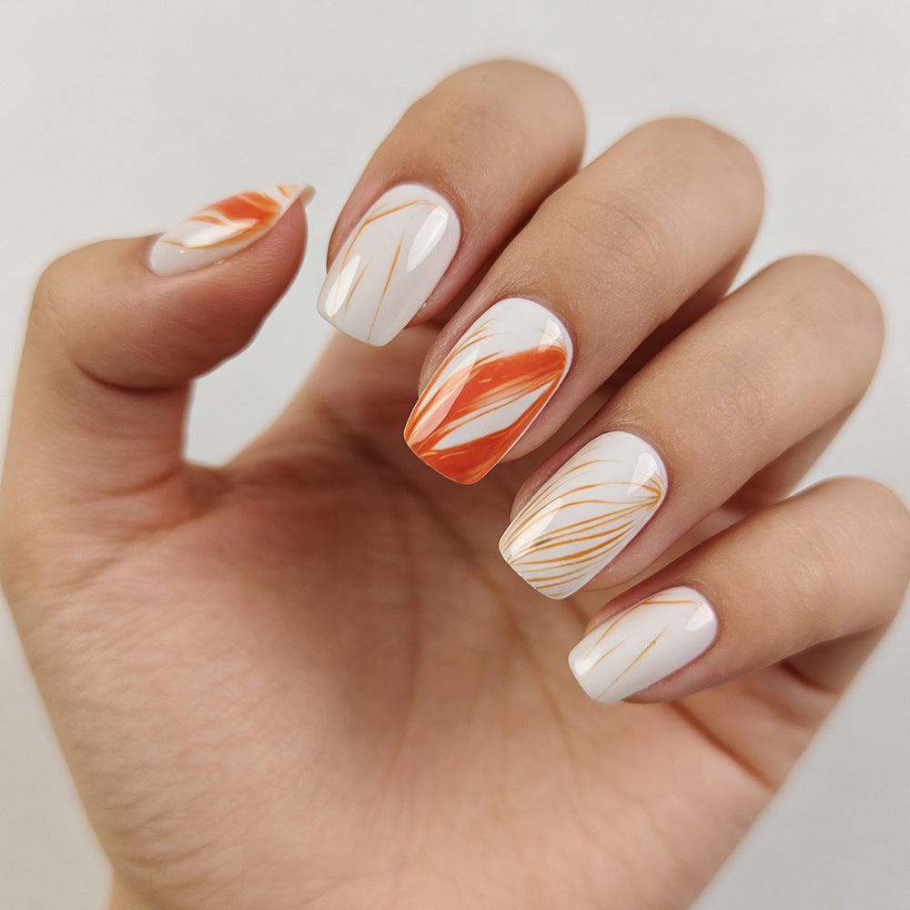 Artistic Autumn Vibes Medium Square Orange and White Press On Nail Set with Unique Marbled Design
