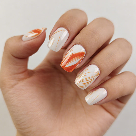 Artistic Autumn Vibes Medium Square Orange and White Press On Nail Set with Unique Marbled Design