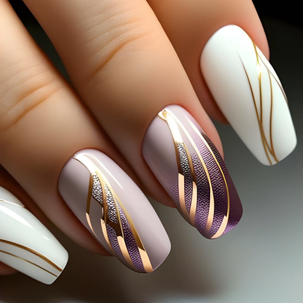 Luxury Lavender Long Coffin Lavender and White Press On Nail Set with Gold Stripe and Textured Details