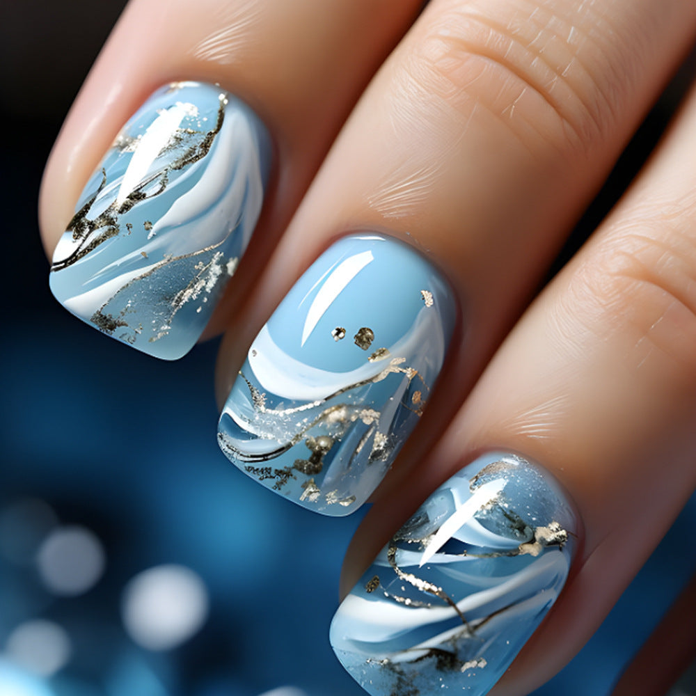 Arctic Elegance Short Oval Light Blue Press On Nails with Gold Flake Accents