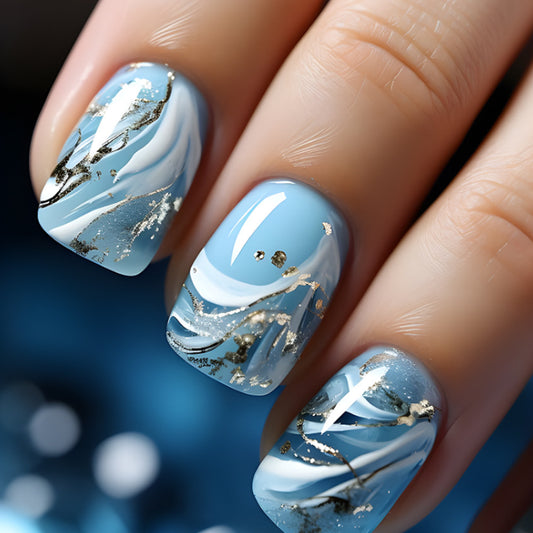 Arctic Elegance Short Oval Light Blue Press On Nails with Gold Flake Accents