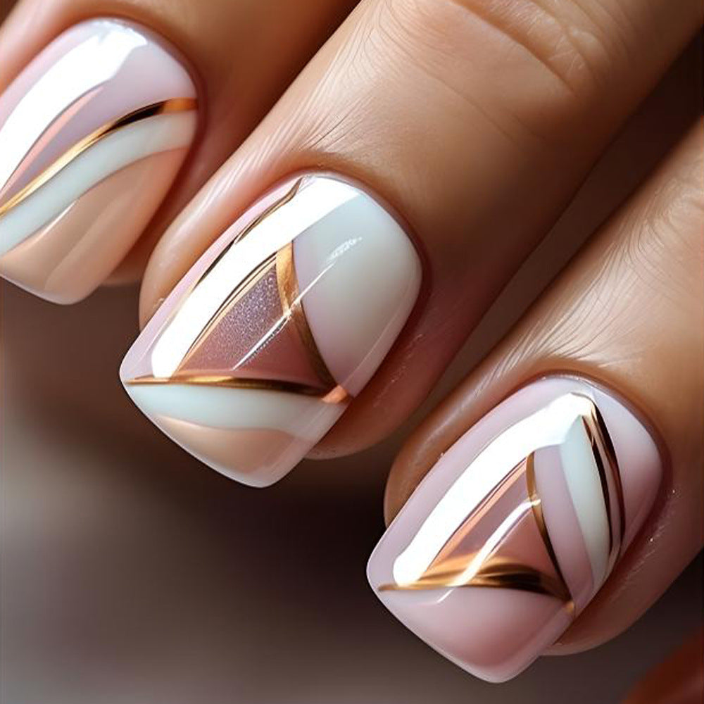 Elegant Geometric Glamour - Medium Square White and Rose Gold Press On Nail Set with Metallic Accents