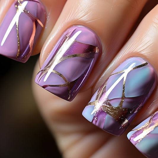 Elegant Twilight Soiree Medium Square Purple Press on Nails with Gold Detailing