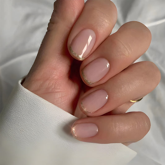 Glamorous Elegance Short Square Blush Pink with Dazzling Gold Tips Press On Nail Set