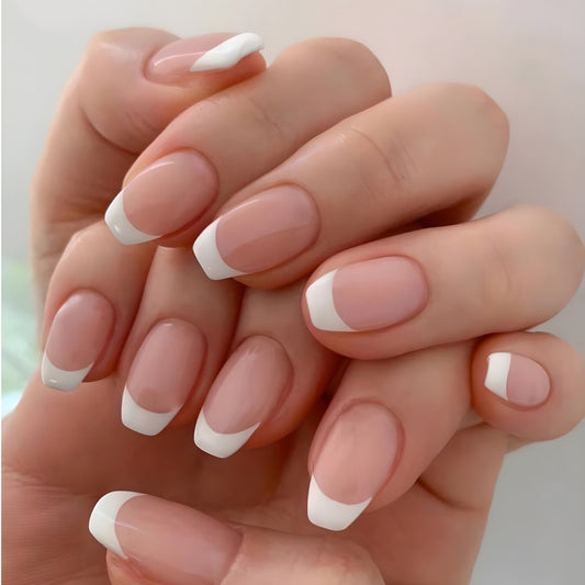 Elegant Charm Medium Coffin Shaped Natural Pink French Tip Press On Nail Set with Glossy Finish