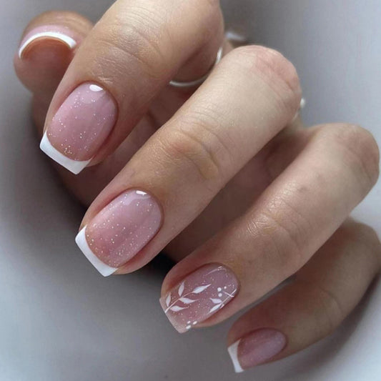 Elegant Blossom Short Square Pink and White Press On Nail Set with Sparkling Glitter and Floral Design