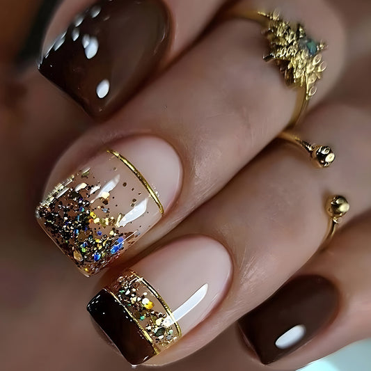 Golden Gala Medium Coffin Brown Press On Nails with Glitter Accent and 3D Embellishments