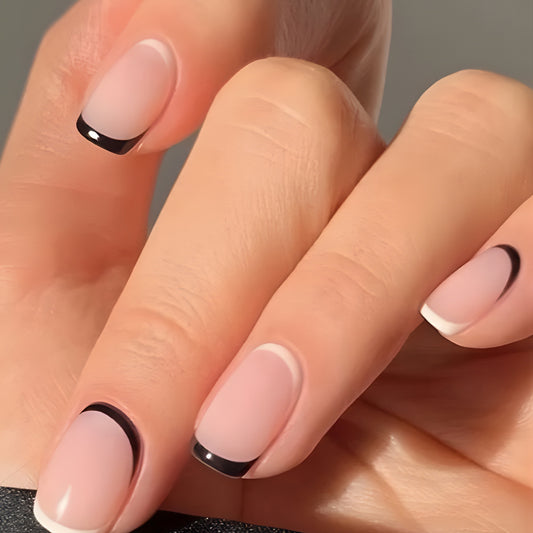 Elegant Soiree Short Square Pink Press on Nails with Black Accent Tip Feature
