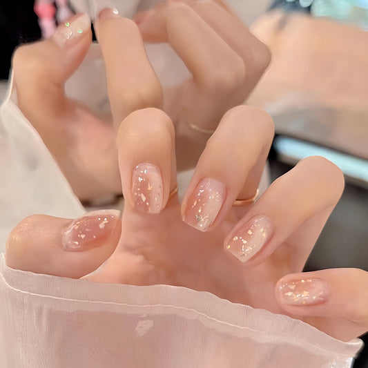 Dreamy Elegance Medium Square Neutral Pink with Iridescent Glitter Press On Nail Set
