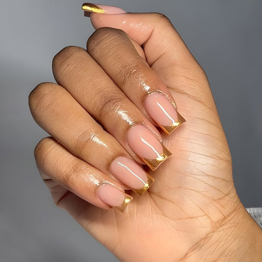 Elegant Affair Long Square Peach Press On Nails with Gold Accents