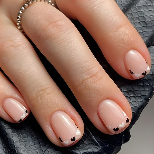 Romantic Touch Short Length Square Peach Press On Nails with Love Heart Accents