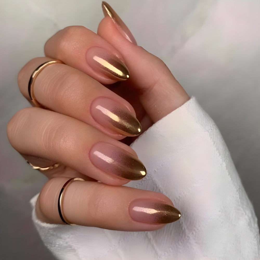 Glamour Glow Medium Almond Rose Gold Chrome Press On Nails with Glossy Finish