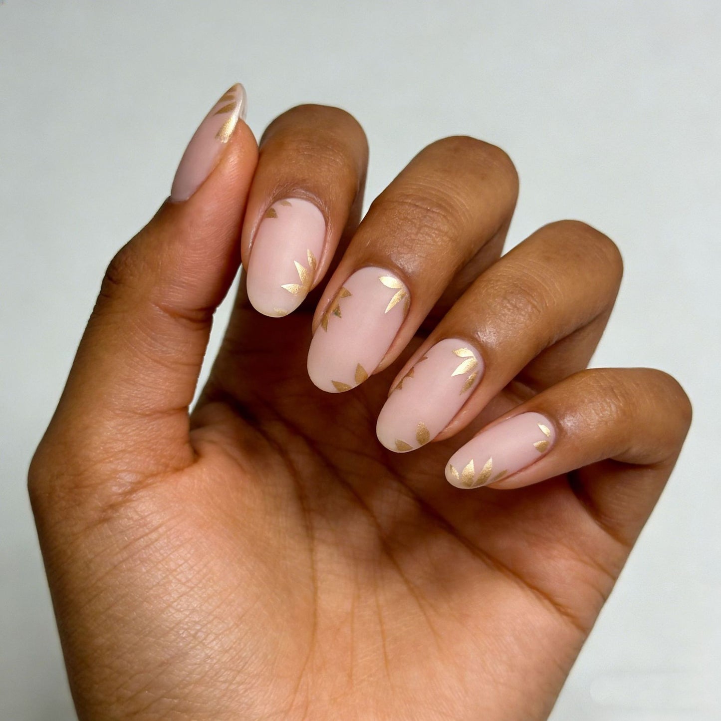Elegant Romance Medium Oval Blush Pink Matte Press On Nail Set with Gold Leaf Accents