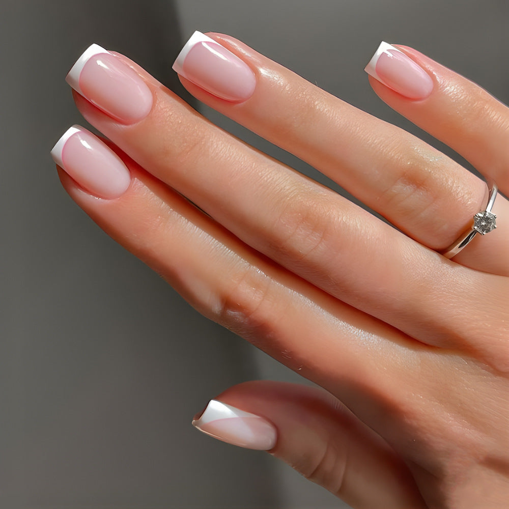 Elegant French Manicure Medium Square Shape Press On Nail Set in Pink and White with Glossy Finish