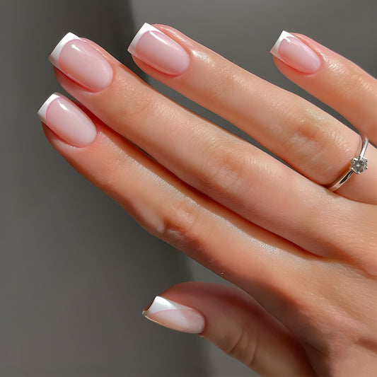 Elegant French Manicure Medium Square Shape Press On Nail Set in Pink and White with Glossy Finish