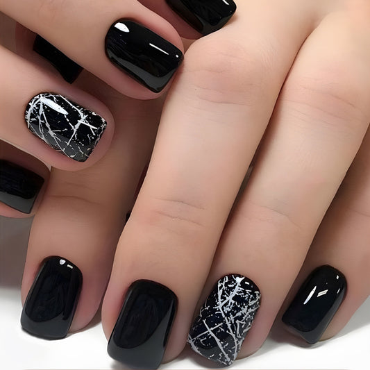 Midnight Elegance Short Square Black and White Splatter Press On Nail Set