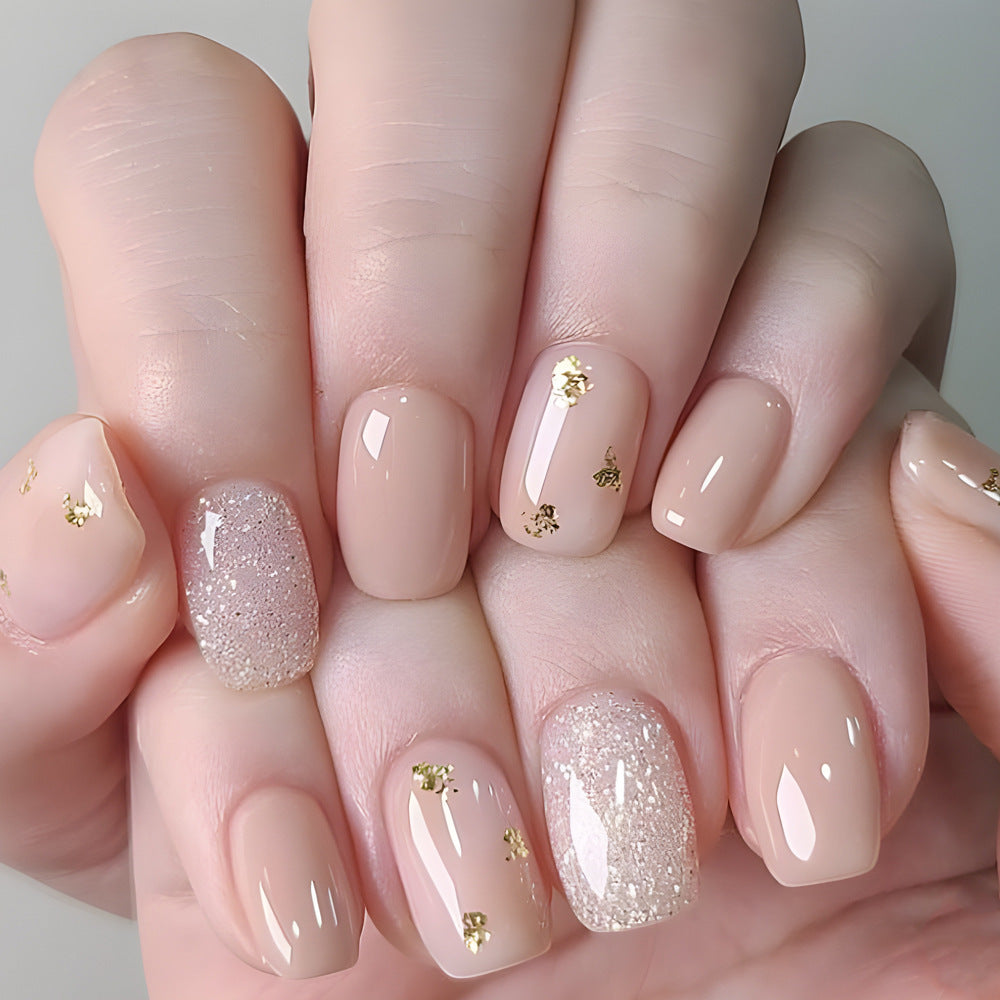 Elegant Affair Medium Square Beige Press On Nail Set with Glitter Accent and Gold Flakes