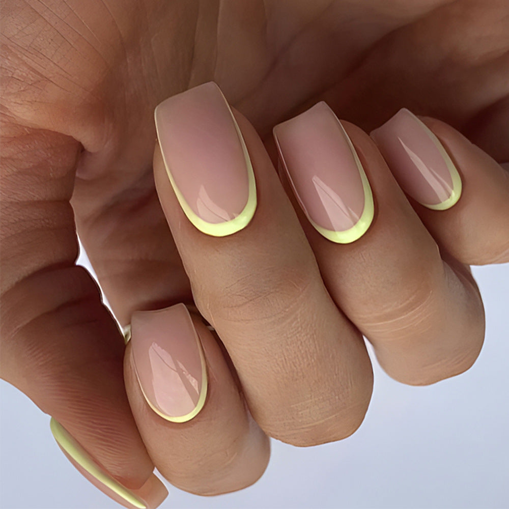 Lemon Kiss Long Square Beige Press On Nails with Neon Yellow Tips for a Bright Summer Look