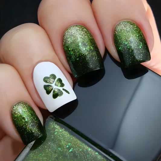 Enchanted Emerald Forest Medium Square Green Glitter Press On Nail Set with Clover Accents