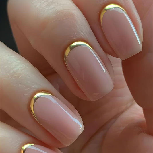 Elegant Chic Short Square Beige Press on Nail Set with Gold Accents