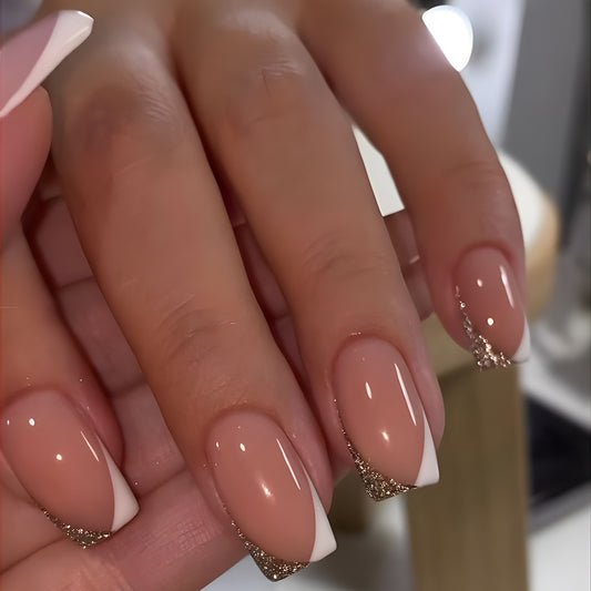 Elegant Bridal Medium Coffin Beige Press On Nails with Glitter Accents